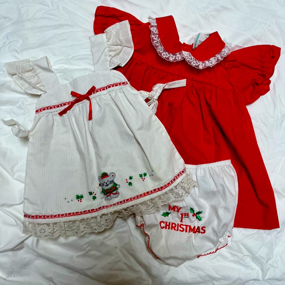 Vintage baby girls 12 month pinafore dress and bloomers .